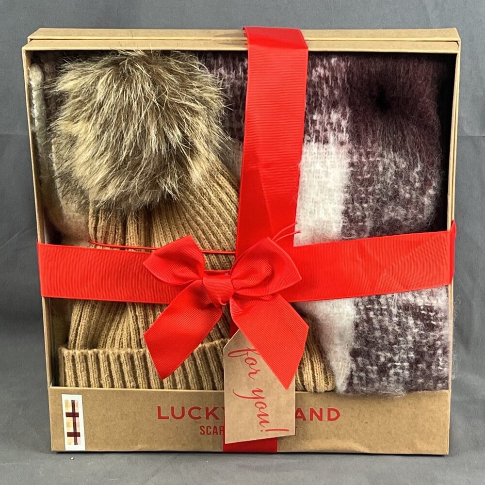New in Box, Lucky Brand Camel Pom Beanie & Matching Scarf Set.